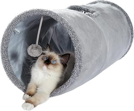 OHANA Collapsible Cat Tunnel Toy in suede, Cat tunnels for indoor cats rabbits with 2 holes and suspended ball Dia30*67cm
