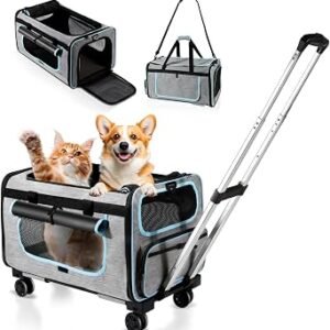 Large Pet Carrier with Detachable Wheels, 2 IN1 Foldable Soft-Sided Carriers- Designed for Dogs & Cats, Telescopic Handle, for Outdoor Car Indoor, Max. 20 KG(Not for Airline)