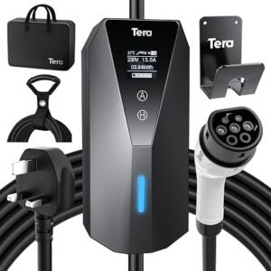 Tera EV Charger Portable Type-2: EV Wallbox for Outdoor Charging 7meter Charging Label 13A 3kW UK 3PIN Plug Adjustable Strom IP66 LCD Screen with Cable Holder Storage Bag P02 Black