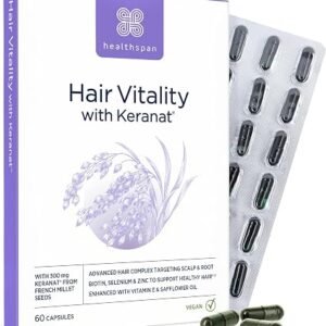 Healthspan Hair Vitality with Keranat (60 Capsules) | Advanced hair complex | Powered by 300 mg Keranat | Support hair and scalp health and longevity | Added hair heroes: biotin, selenium and zinc