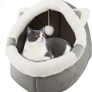 Cat Beds for Indoor with Hanging toy, Small Dog Cave Bed with Anti-Slip, Kitten Tent House Removable Cushioned Pillow, Super Soft Calming Pet Sofa Mats Ideal for Cats and Puppy or Rabbit