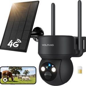 WOLFANG No WiFi Security Camera, 4G CCTV Camera with Sim Card, Camera Wireless Outdoor, Solar Powered, Night Vision, Spotlight, 2K HD, Local Recording, 2-Way Audio, PIR Motion