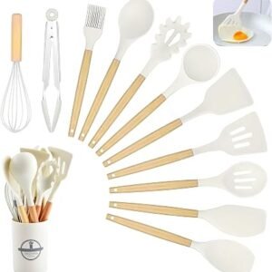 Kitchen Utensil Set, 12 PCS Silicone Cooking Utensils Set with Wooden Handle, Heat Resistant, Nonstick Cookware Tongs Spatula Spoon Set, Silicone Kitchen Utensils Set Suitable for Kitchen(Off White)