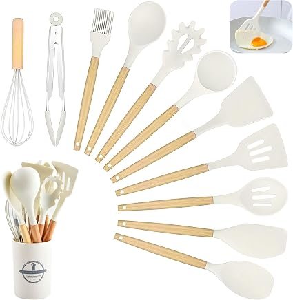 Kitchen Utensil Set, 12 PCS Silicone Cooking Utensils Set with Wooden Handle, Heat Resistant, Nonstick Cookware Tongs Spatula Spoon Set, Silicone Kitchen Utensils Set Suitable for Kitchen(Off White)