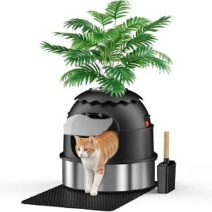 Cat Litter Box, Hidden Stainless Steel Tray with Faux Plant, Black