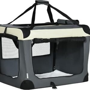 PawHut 70cm Foldable Pet Carrier for Small Dogs Cat Carrier Grey | Portable, Soft Side Pet Travel Crate, Removable Mat, Breathable Mesh