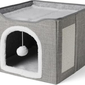 Amazon Basics Cat House 1 Story Cat Beds for Indoor Cats, Cat Cube with Toy Ball Hanging and Scratch Pad, Foldable Cat Cave, 41.9cm x 41.9cm x 33 cm, Grey