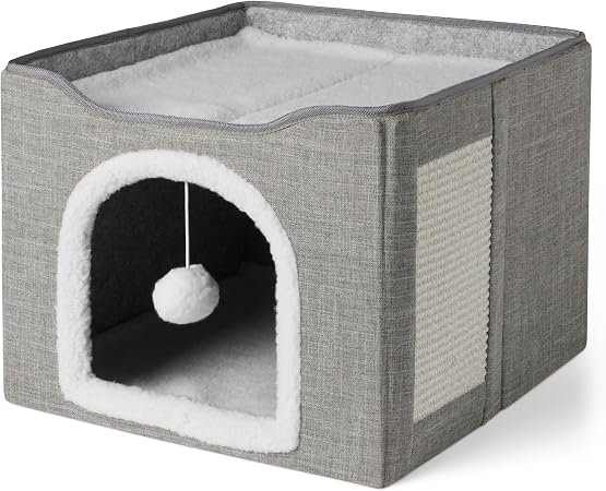 Amazon Basics Cat House 1 Story Cat Beds for Indoor Cats, Cat Cube with Toy Ball Hanging and Scratch Pad, Foldable Cat Cave, 41.9cm x 41.9cm x 33 cm, Grey