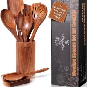 Mooues 9 Pcs Nature Teak Wooden Spoons for Cooking,Non-Scratch, Heat