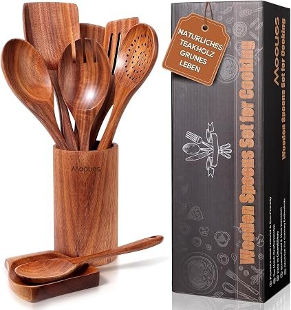 Mooues 9 Pcs Nature Teak Wooden Spoons for Cooking,Non-Scratch, Heat