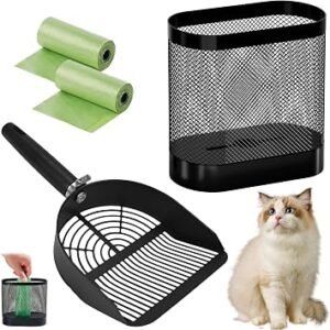 Metal Cat Litter Scoop Set - Cat Poop Scoop with Holder & Mesh Bin & Waste Bags Litter Scooper Set Portable Durable Large Capacity for Daily Cat Litter Cleaning (Black)