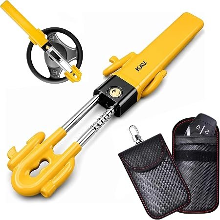 KAV Steering Wheel Lock with Faraday Key Fob Protector Pouch - Twin Bar Anti Theft Car Lock with RFID Signal Blocking Key Bag - Heavy Duty Universal Vehicle Security for Cars Vans SUVs