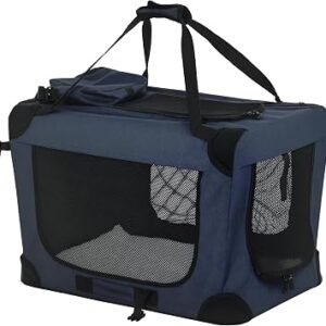PawHut Foldable Pet Carrier Dog Crate Small Dogs 60x41.5x41cm Dark Blue | Portable Cat Carrier, Soft Side Pet Travel Crate, Removable Mat, Storage Bags,...