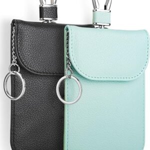 RFID Signal Blocker Faraday Pouch for Car Keys, Premium PU Leather, Jammer for Keyless Entry, Relay Attack Prevention (2 Pack - Light Green + Black)
