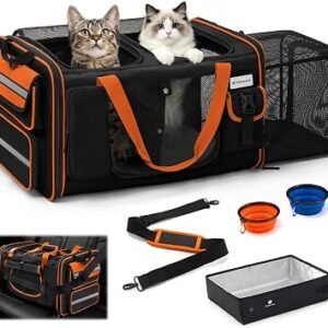 Odoland Extra Large Cat Carriers for 2 Cats Expandable | Foldable Cat Travel Carrier Bag with Litter Box, Portable Double Cat Soft-Sided Transport Pet...