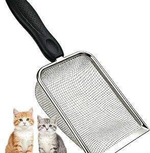 Stainless Steel Cat Litter Scoop,Durable Mesh Pet Waste Scooper for Cats, Dogs, Rabbits, Hamsters & Reptiles ? Ergonomic Handle, Easy to Clean, Saves Litter (Black-5mm)
