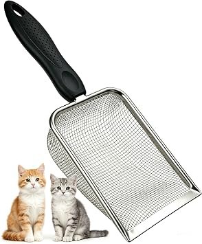 Stainless Steel Cat Litter Scoop,Durable Mesh Pet Waste Scooper for Cats, Dogs, Rabbits, Hamsters & Reptiles ? Ergonomic Handle, Easy to Clean, Saves Litter (Black-5mm)