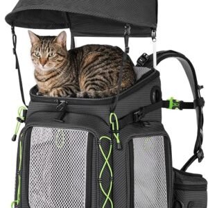 pecute Cat Backpack Carrier with Sunshade, Hiking, Camping, Grey | Stable Cat Backpack with Breathable Mesh, Pet Backpack with Whistle Clips, Trekking Pole...