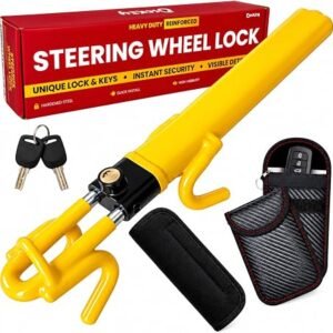 Steering Wheel Lock, Heavy Duty + 2 Faraday Car Key Signal Blocker Pouches | Heavy-duty hardened steel crook lock for cars, vans & campervans. Won't...