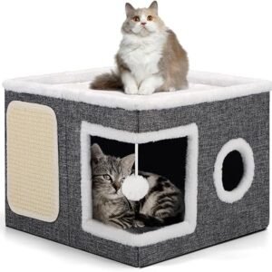 Shikha Cat House Bed for Indoor Cats with Fluffy Ball and Scratch Pad,Grey