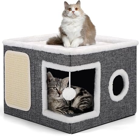 Shikha Cat House Bed for Indoor Cats with Fluffy Ball and Scratch Pad,Grey