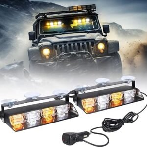 OPP ULITE Emergency Flashing Dash Strobe Lights 2 in 1, 24pcs Led, 26 Flash Mode, Memory Function, DC 12V-24V Cigarette Plug Front/Rear Windshield Warning Light Bar for Vehicles Trucks, White Amber