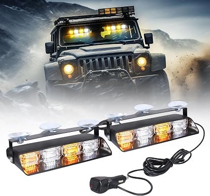 OPP ULITE Emergency Flashing Dash Strobe Lights 2 in 1, 24pcs Led, 26 Flash Mode, Memory Function, DC 12V-24V Cigarette Plug Front/Rear Windshield Warning Light Bar for Vehicles Trucks, White Amber
