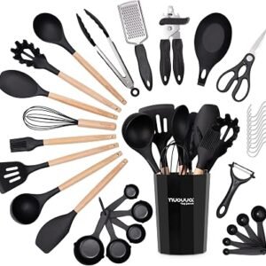 Kitchen Non Stick Cooking Utensils Set ? Heat Resistant Silicone Utensils with Wooden Handle ? Ladles, Spoons and Spatulas Set ? Kitchen Tools & Accessories ? 35pcs, Black ? by Nuovva