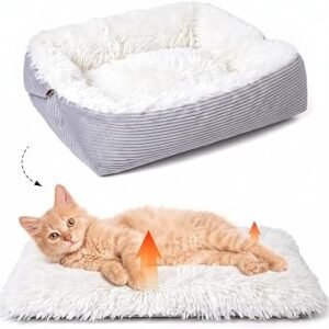 Self Warming Cat Bed for Cats and Small Dogs, 42x38 cm Washable Foldable Convertible Cat Beds for Indoor Cats, Soft Plush Pet Blankets Cushion Mat
