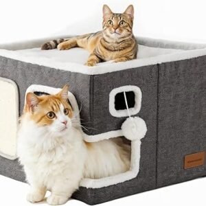 Cat house,foldable modern cat cube bed with fluffy ball and scratching board, Multifunctional comfortable large dark grey cat cave & hideaway for indoor cats,16x16x13.5 Inches