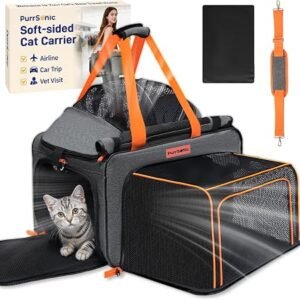 PurrSonic Cat Carrier Soft Sided Airline Approved for Small Pet Dog Travel | Foldable Top Opening Bag for Medium Animal Kitten Puppy Long Car Trip,...