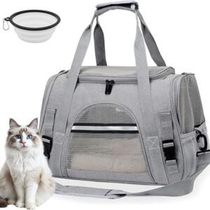 Cat Carrier - Portable Soft Sided Pets Dog Travel Carriers with Water Bowl, Portable Foldable Cat Bag with Cozy Mat & Shoulder Strap Multi-Entrance Mesh Window for Small-Medium Cats Dogs Puppies, Grey