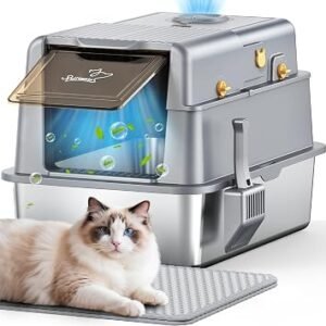 Stainless Steel Cat Litter Tray, XXL Litter Box with 105? Flip Lid, Detachable Metal Large Pet Toilet with Fresh Air Deodorization System, High Sided Litter Tray with Deodorizing Block, Mat and Scoop