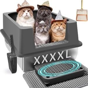 Extra Large Cat Litter Tray with High Sides 73cm x 53cm x 35 cm, Litter Mat, Metal Scoop Stainless Steel Litter Tray for Big Cats - Non Stick, No Odor, Easy to Clean - 65 Litres