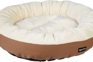 Amazon Basics Round Bolster Pet Bed for Dog or Cat with Flannel Top, 50 x 50.8 x 15.2 Th cm, Brown and Ivory