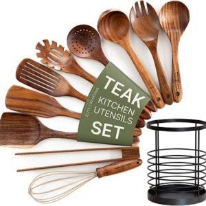 Elite Creations Teak Kitchen Utensils Set, 11 Piece Wooden Utensil Set with Holder, Heat Resistant Wooden Spoons for Cooking, Safe for Non-Stick Cookware, Handcrafted Natural Teak