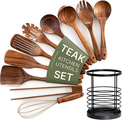Elite Creations Teak Kitchen Utensils Set, 11 Piece Wooden Utensil Set with Holder, Heat Resistant Wooden Spoons for Cooking, Safe for Non-Stick Cookware, Handcrafted Natural Teak