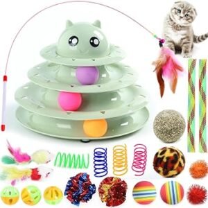 Suhaco 21 Pack Cat Toys for Indoor Cats Interactive Kitten Toy Fun Roller 3 Level Cats Ball Toys with Catnip Ball Self Play Cat Feather Wand Kitty Toy for Boredom (Green)