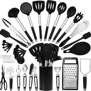 RFAQK 40PCs Silicone Kitchen Utensils Set with Holder 446? Heat Resistant,BPA Free Cooking Utensils Set, Silicone Utensil Set Includes Can Opener, Potato Smasher,Peeler,Tongs,Spatula Set,Pizza Cutter
