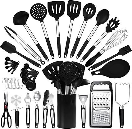 RFAQK 40PCs Silicone Kitchen Utensils Set with Holder 446? Heat Resistant,BPA Free Cooking Utensils Set, Silicone Utensil Set Includes Can Opener, Potato Smasher,Peeler,Tongs,Spatula Set,Pizza Cutter