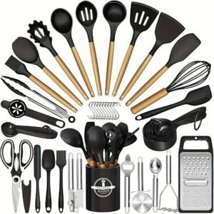 32/44 Food-Grade Silicone Kitchen Utensil Set with Holder, Cooking and Baking Tools, Measuring Cups and Spoons, Heat Resistant to 220?C, Dishwasher Safe, Non-Stick Pan Friendly (44, Black)