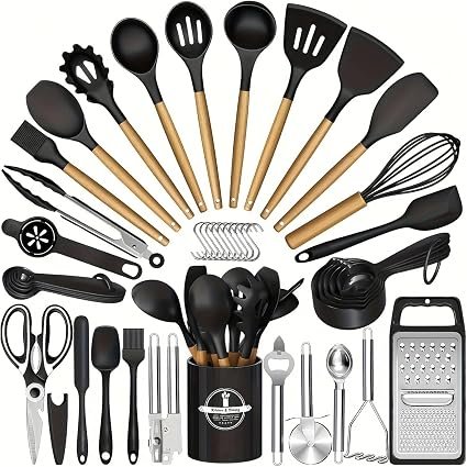 32/44 Food-Grade Silicone Kitchen Utensil Set with Holder, Cooking and Baking Tools, Measuring Cups and Spoons, Heat Resistant to 220?C, Dishwasher Safe, Non-Stick Pan Friendly (44, Black)