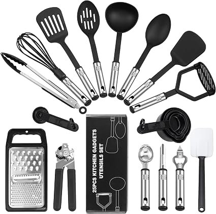 BEWOS 25pcs Nylon Kitchen Utensils Set, Non-Stick & Heat Resistant Cooking Utensils Set, Non-Toxic Kitchen Tools & Accessories, Cookware Tongs Spatula Spoon Set, Black