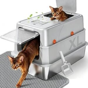 XL Enclosed Stainless Steel Litter Box with Lid, Light Gray