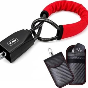 KAV Car Security Anti-Theft Bundle - Steering Wheel to Seat Belt Lock with Faraday Key Fob Signal Blocking Pouch - Heavy Duty Steel Cable Lock with 3 Keys - RFID & Relay Attack Protection