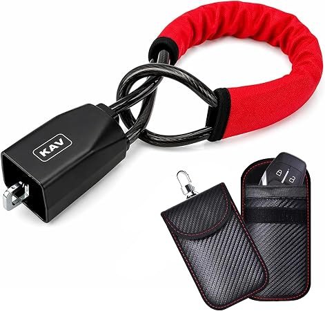 KAV Car Security Anti-Theft Bundle - Steering Wheel to Seat Belt Lock with Faraday Key Fob Signal Blocking Pouch - Heavy Duty Steel Cable Lock with 3 Keys - RFID & Relay Attack Protection