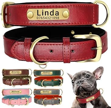 SEOUGEE Genuine Leather Dog Collar Personalised, Soft Padded Leather Dog Collars Heavy Duty with Custom Engraved Name Plate Adjustable for Small Medium Large Dogs (S, Red 23-32cm)