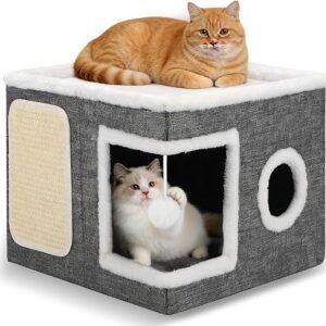 Cat House for Indoor Cats,Large Cat Cave Bed with Scratch Pad Fluffy Ball