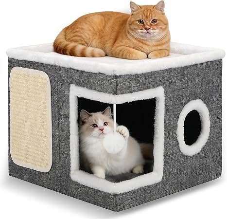 Cat House for Indoor Cats,Large Cat Cave Bed with Scratch Pad Fluffy Ball