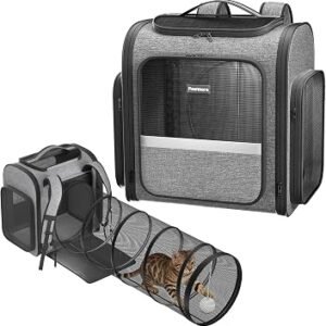 Pawtners Cat Carrier Backpacks with Expandable Cat Play Tunnel, Airline Approved Pet Backpack for Small Dogs & Large Cats Up to 25 Lbs, Foldable Cat Travel Carrier for Vet Hiking Camping-Grey